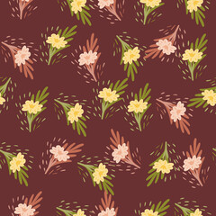 Seamless pattern with bouquets of small flowers on light brown background. Vector floral template in doodle style. Gentle summer botanical texture.