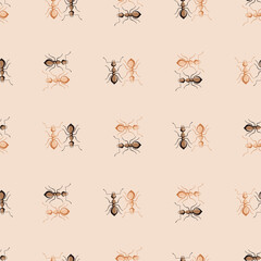 Seamless pattern colony ants on beige background. Vector insects template in flat style for any purpose. Modern animals texture.