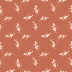 Fototapeta na wymiar Seamless pattern fir twig on light brown background. Vector geometric template in doodle style. Christmas forest texture.