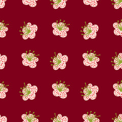 Seamless pattern spring plants on reb background. Vector floral template in doodle style with flowers.