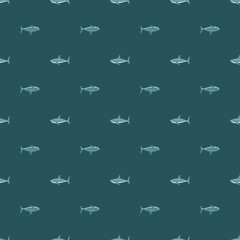 Seamless pattern shark on teal background. Small texture of marine fish for any purpose.