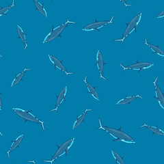 Seamless pattern Tiger shark blue background. Texture of marine fish for any purpose.