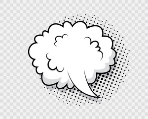 Comic cloud in pop art style. Speech bubble with halftone effect. Cartoon explosion bomb frame. Funny message balloon. Sky air shape with half tone dots gradient shadow. Vector illustration.