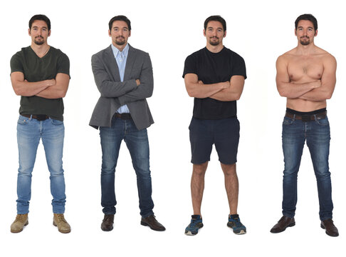 same men with various outfits on white background, sportswear,casual,blazer and shirtless on white background