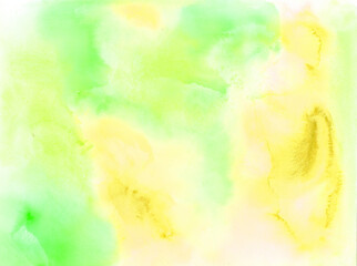 Yellow hand painted watercolor abstract grunge background. Green ink flows texture for greeting cards, wedding invitation, textile design. Old vintage style wallpaper texture, granulated structure