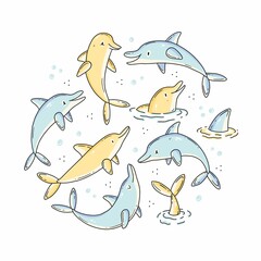 Set of doodle with cute characters dolphins in the shape of a circle. Illustration in pastel colors.