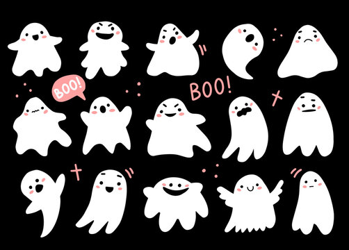 Set with cute ghosts in a cute cartoon doodle style. Halloween ghost characters. Illustration isolated on background.