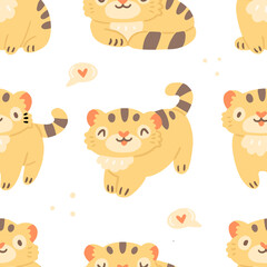 Children's seamless pattern with cute tiger cubs, dots and hearts on a white background. Illustration background in pastel colors.
