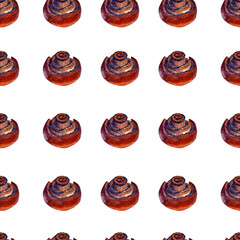 Seamless pattern tof baking in watercolor style. Pretzel, cheesecake, pie, croissants, pastries, bagels and other baked goods. Vintage watercolor concept for bakery or cafe.
