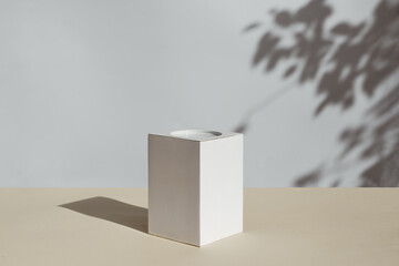 Podium for natural products, mockup for showcase with plant shadows.