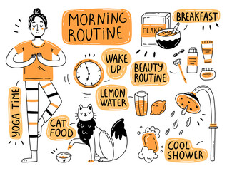 Set of elements on the theme of the morning routine in a cute doodle style. Morning illustration isolated on background.