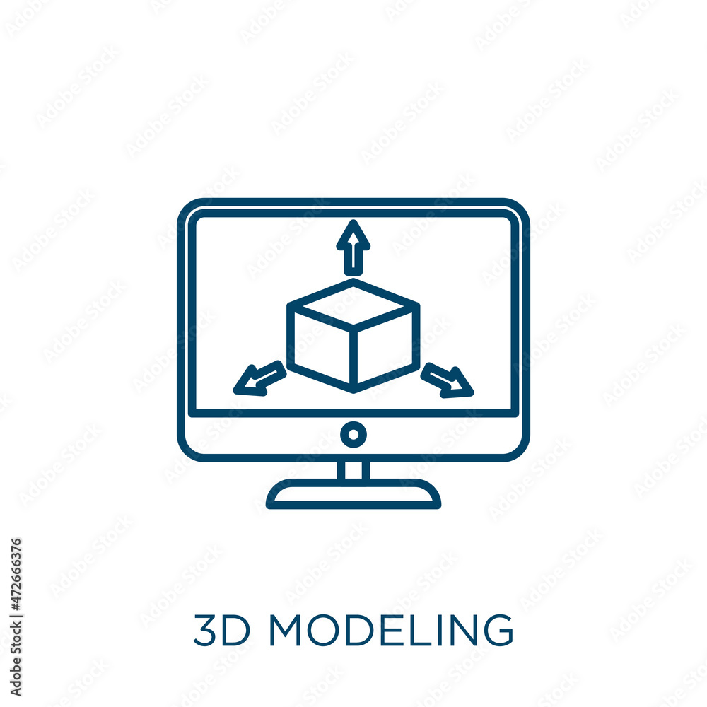 Poster 3d modeling icon. thin linear 3d modeling outline icon isolated on white background. line vector 3d 