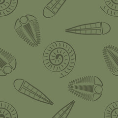 Ammonite trilobite haplophrentis vector seamless pattern background. Hand drawn shell cephalopod, arthropod, hyolithis ribbed fossils Extinct marine predators and filter feeders. For education