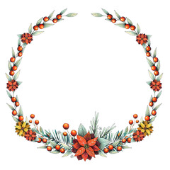 Christmas circle frame with poinsettia, leaves, pine and berries. Hand drawn colored pencils illustration.