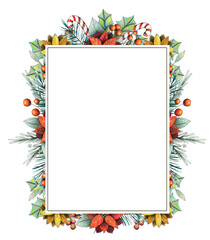 Christmas rectangle frame with poinsettia, leaves, pine and berries. Hand drawn colored pencils illustration.