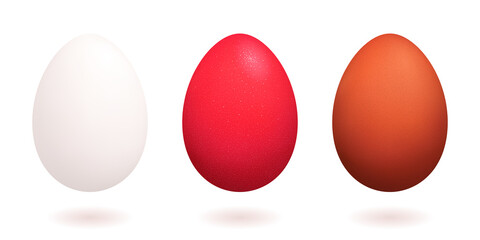 Vector set of eggs. 3d realistic illustration. Pure white, luxury red and grainy brown chicken eggs. Three natural objects floats above the white background. Festive elements for Easter design