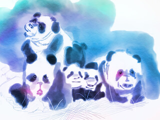 Five adolescent and child pandas group shot