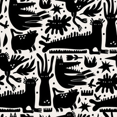 Various strange creatures. Abstract imaginary monsters. Fictional, fantastic animals. Cute disproportionate characters. Hand drawn illustration. Square seamless Pattern. Background, wallpaper template