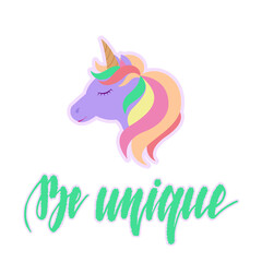 Cute unicorn with lettering Be unique . illustration isolated on white background for posters, cards and much more