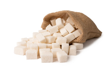 White sugar cubes in a burlap sack. On white background.