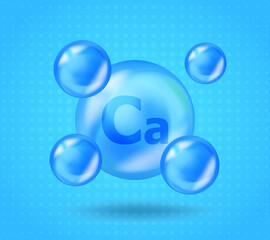 Realistic mineral Ca Calcium design. Vitamin complex design for beauty, cosmetic, heath advertising. 3D Mineral Ca Calcium drop pill capsule.