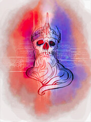 Bearded skull with a crown of scissors