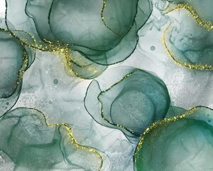 Abstract dark green liquid fluid art alcohol inks splash background with glitter 