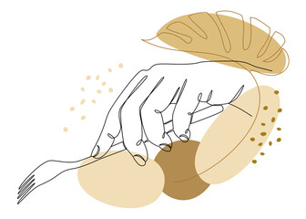 Silhouettes of a man's hand holding a fork in a modern one line style and plant leaves. Continuous line drawing, aesthetic outline for decor, posters, stickers, logo. Vector illustration.