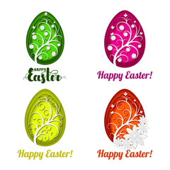 Set of colorful Easter eggs with beautiful decor in the style of paper art. illustration isolated on white background