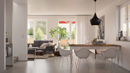View inside living room of a modern european familyhome with kitchen