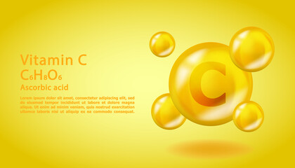 3D Vitamin molecule C Ascorbic acid design. Realistic C Ascorbic acid Vitamin drop. Yellow nutrition complex illustration.