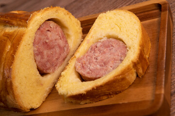 Lyonnais brioche baked with sausage style rustic, Morteau sausage