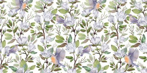 watercolor illustration. floral seamless pattern blooming magnolia and birds. for cards, invitations, stickers, wedding, birthday, Valentine's Day, decor, fabric design, clothing. © Elena