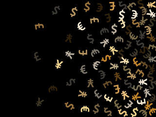 Euro dollar pound yen metallic signs flying currency vector illustration. Deposit backdrop.