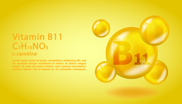 3D Vitamin molecule B11 L-carnitine design. Realistic B11 L-carnitine Vitamin drop. Yellow nutrition complex illustration.