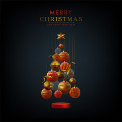 Abstract Christmas 3D vector illustration with different golden stars, Christmas trees and balls.	
