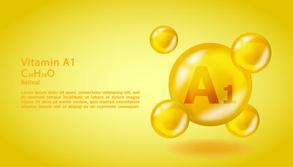 3D Vitamin molecule A1 Retinal design. Realistic A1 Retinal Vitamin drop. Yellow nutrition complex illustration.