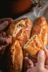 Fresh fried meat pies on rustic background