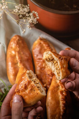 Fresh fried meat pies on rustic background