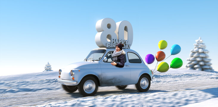 Geburtstagsauto Happy Birthday 80 im Winter