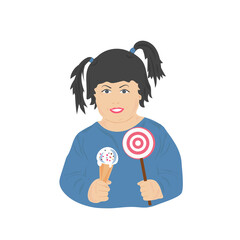 A fat girl holds an ice cream and a lollipop.