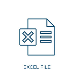excel file icon. Thin linear excel file outline icon isolated on white background. Line vector excel file sign, symbol for web and mobile. - obrazy, fototapety, plakaty