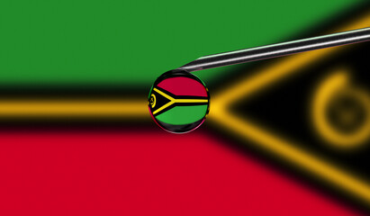 Vaccine syringe with drop on needle against national flag of Vanuatu background. Medical concept...