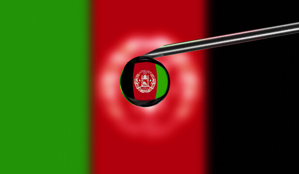 Vaccine syringe with drop on needle against national flag of Afghanistan background. Medical concept vaccination. Coronavirus Sars-Cov-2 pandemic protection. National safety idea.
