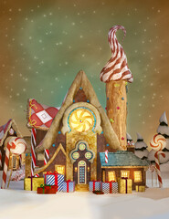 Snowfall over the gingerbread town at Christmas time - 472676535