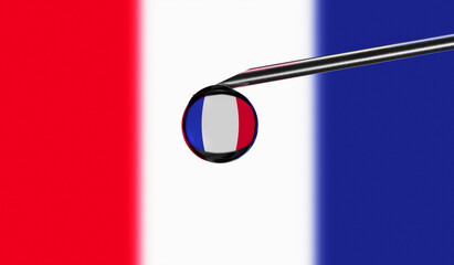 Vaccine syringe with drop on needle against national flag of France background. Medical concept...