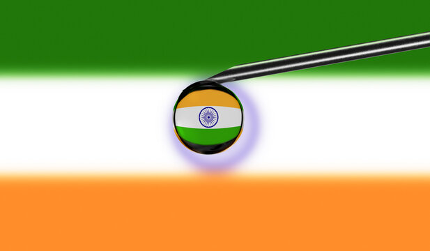 Vaccine syringe with drop on needle against national flag of India background. Medical concept vaccination. Coronavirus Sars-Cov-2 pandemic protection. National safety idea.