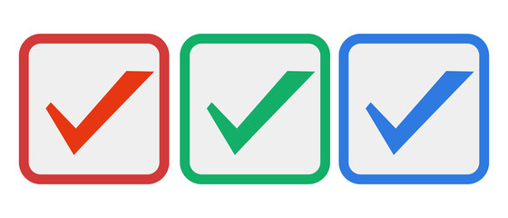 Red, green, blue check box set. Vector about selection.