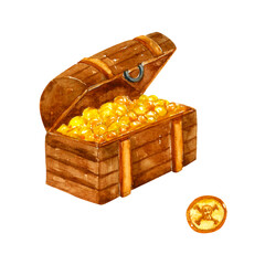 Watercolor pirate treasure chest with gold coins, hand drawn illustration isolated on white background. - 472677922