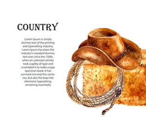 Watercolor cVintage watercolor set. Cowboy hat, boots, guitar.Watercolor painting isolated on white background.ountry set. High quality illustration